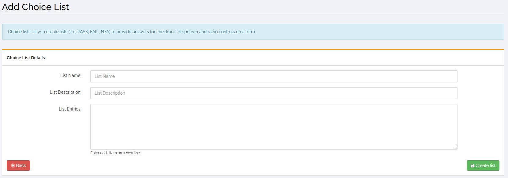 Add Choice List screen