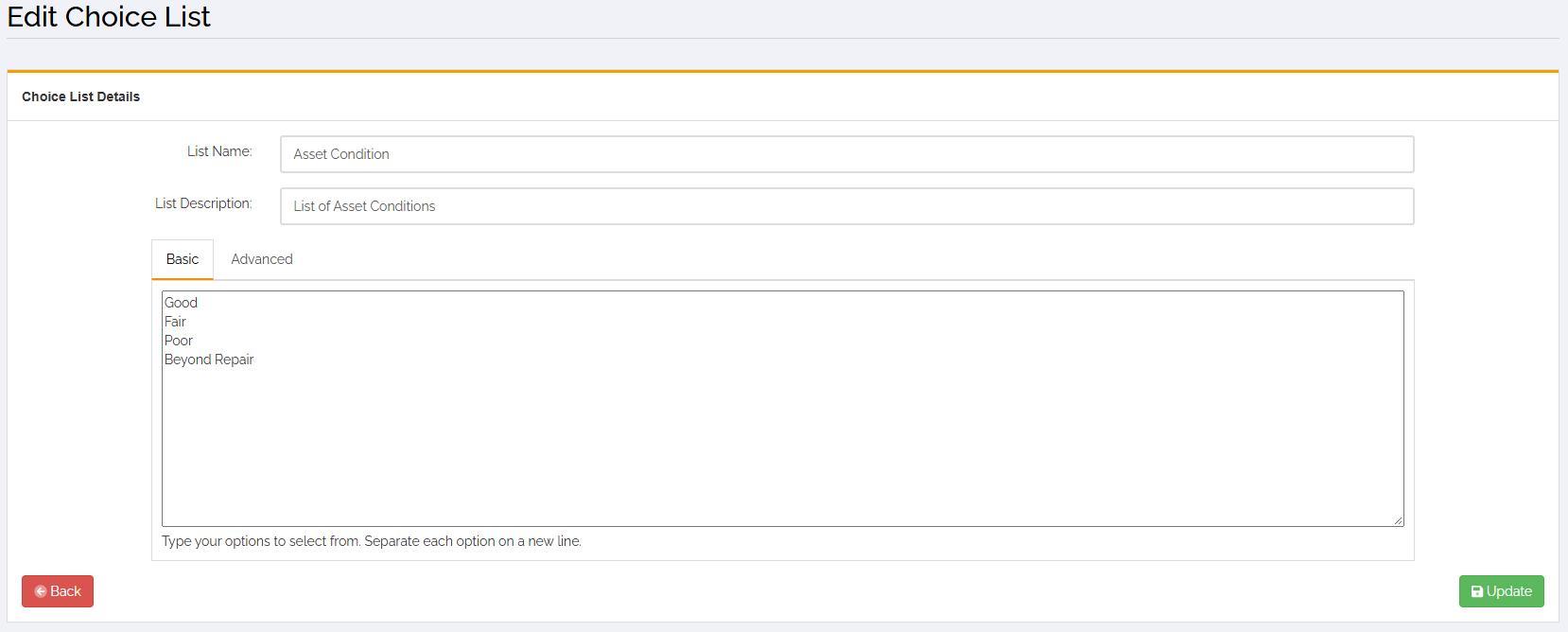 Edit Choice List screen