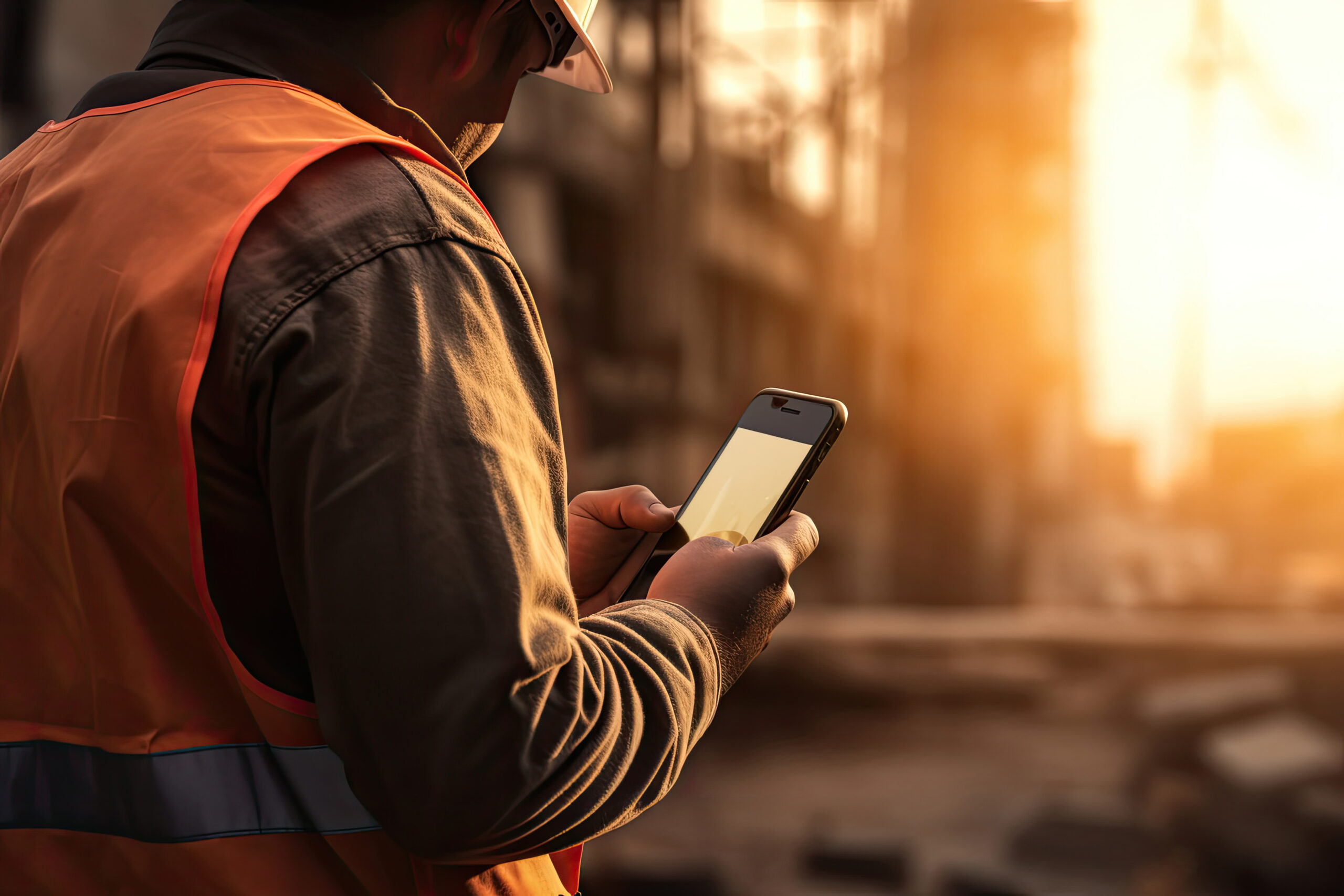 Field worker using job management system on smartphone