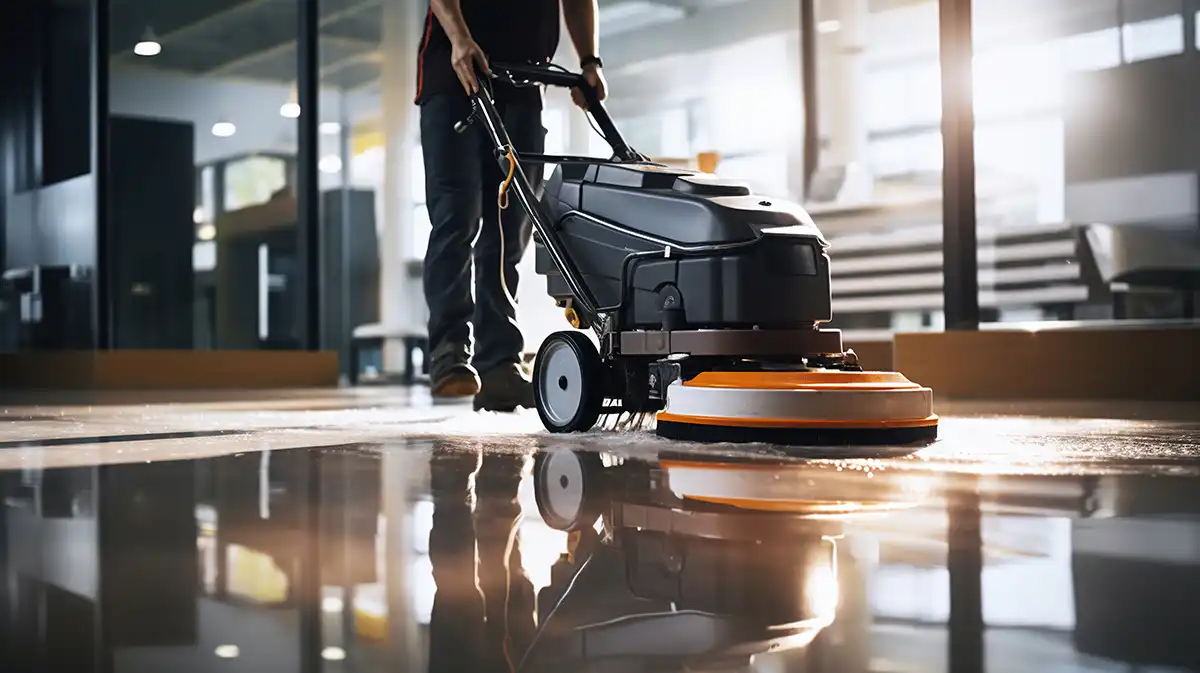 Worker cleaning floors as part of an PM contract