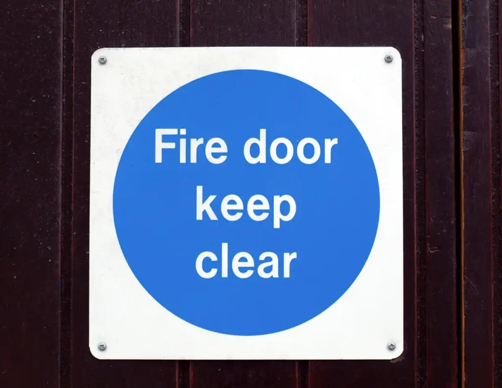 Fire door being inspected for gaps, seals and closer operation