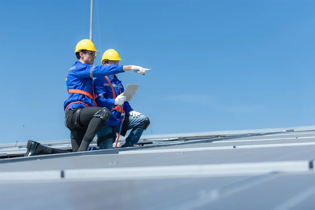 Roofing engineer completing a mobile safety form on a tablet at height Roofing engineer completing a mobile safety form on a tablet at height
